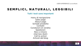 Tutti i testi sono importanti
menu di navigazione
Sales page
About page
Schede prodotto
Contatti
Condizioni di vendita
Spedizioni
Resi e rimorsi
chat box (bot)
Call to action
Articoli del blog
…
USER EXPERIENCE | La scrittura
S E M P L I C I , N A T U R A L I , L E G G I B I L I
 