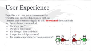 User Experience
Experiência ao usar um produto ou serviço
Trabalha com questões funcionais e práticas
Também está fortemente ligado ao lado emocional da experiência
● Quem é o seu consumidor?
● O que ele quer?
● O que ele conseguiu?
● Ele navegou com facilidade?
● A experiência foi prazeirosa?
● Ele usaria seu produto/serviço novamente?
 