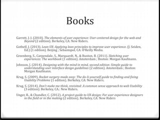 Books
Garrett, J. J. (2010). The elements of user experience: User-centered design for the web and
Beyond (2 edition). Berkeley, CA: New Riders.
Gothelf, J. (2013). Lean UX: Applying lean principles to improve user experience. (J. Seiden,
Ed.) (1 edition). Beijing ; Sebastopol, CA: O’Reilly Media.
Greenberg, S., Carpendale, S., Marquardt, N., & Buxton, B. (2011). Sketching user
experiences: The workbook (1 edition). Amsterdam ; Boston: Morgan Kaufmann.
Johnson, J. (2014). Designing with the mind in mind, second edition: Simple guide to
understanding user interface design guidelines (2 edition). Amsterdam ; Boston:
Morgan Kaufmann.
Krug, S. (2009). Rocket surgery made easy: The do-Ii-yourself guide to finding and fixing
Usability Problems (1 edition). Berkeley, CA: New Riders.
Krug, S. (2014). Don’t make me think, revisited: A common sense approach to web Usability
(3 edition). Berkeley, CA.: New Riders.
Unger, R., & Chandler, C. (2012). A project guide to UX design: For user experience designers
in the field or in the making (2 edition). Berkeley, CA: New Riders
 