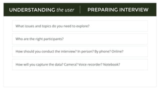 INTERVIEW TIPS
Set the schedule yourself.
Recruit more participants than your need.
UNDERSTANDING the user
Duration: No more than 45 min. (Factor in breaks)
Record the session. (Ask permission ﬁrst)
Put the user into a teaching role and you’re the student.
Be casual and conversational.
Don’t judge their answers.
Thank them for participating!
 