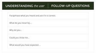 TASK QUESTIONS
What information and feedback do they need to perform the task?
Where do they tend to make errors?
UNDERSTANDING the user
What do they ﬁnd easy / diﬃcult?
What other people do they need to interact with to accomplish the task?
 