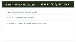 FOLLOW-UP QUESTIONS
Paraphrase what you heard and ask if it is correct.
Why do you…
UNDERSTANDING the user
What do you mean by….
Could you show me…
What would you have expected….
 
