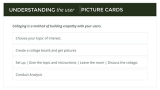 What are the diﬀerent stages which make up the service?
UNDERSTANDING the user
Which people are involved in delivering the service and what they do?
What information is available to people?
SERVICE SAFARI
What is the space like?
How involved are people in delivering the service contribute to the experience?
 