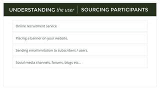 UNDERSTANDING the user USER TESTING METRICS
Success Rate Time on Task Number of errors
Satisfaction Ease of Use Perceived amount of time
Key
Critical: If we do not ﬁx this, users will not be able to complete the scenario.
Serious: Many users will be frustrated if we do not ﬁx this; they may give up.
Minor: Users are annoyed, but this does not keep them from completing the scenario. This
should be revisited later.
 