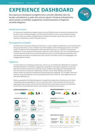 www.experiencetools.com Ein Service von USECON. 11
ExpErIENCE daShbOard
Das Experience Dashboard ermöglicht einen schnellen Überblick über die
Kunden-zufriedenheit zu jeder Zeit und von überall. Erhobene Zufriedenheits-
werte werden unmittelbar ausgewertet und Alarmsysteme ermöglichen
schnelles Reagieren.
Vorteile des Services
Ein Experience Dashboard ermöglicht jederzeit einen Überblick über die aktuelle Zufriedenheit der
Kunden und ein schnelles Reagieren auf sich ändernde Werte. Unsere unterschiedlichen Online-
Services, bieten eine Reihe an Möglichkeiten Feedback einzuholen, deren Werte dann über das
Experience Dashboard visualisiert werden können.
Einsatzgebiete und Ablauf
Die Werte eines Experience Dashboards können aus unterschiedlichen Maßnahmen der Zufriedenheits-
messung (Interviews vor Ort, Feedback-Tool, POS-Feedback, Online-Befragung) stammen. Die Daten
werden im Rahmen der Erhebung oder direkt nach dem Interview in ein System im Hintergrund
eingespeist. Ein automatisches Alarmsystem informiert sofort darüber, wenn der Zufriedenheitswert
in einem bestimmten Bereich eine kritische Marke erreicht. So wird das Monitoring der Benutzer-
zufriedenheit vereinfacht und ärgernissen kann schnell und einfach auf den Grund gegangen und
entgegengewirkt werden.
Ergebnisse
In einem Experience Dashboard werden die, anhand von verschiedensten Maßnahmen erhobenen
Zufriedenheitswerte, unmittelbar ausgewertet und grafisch anschaulich dargestellt. So hat man
jederzeit und ohne wesentlichen zeitlichen Verlust, Einblick in die allgemeine Zufriedenheit mit
dem Unternehmen und dessen Teilbereichen (Filialen, Online-Shop, Website und Hotline).
Zudem werden im Experience Dashboard Entwicklungstrends angezeigt. Ein Trendpfeil informiert
darüber, ob die Zufriedenheit in dem jeweiligen Bereich über die Zeit zu- oder abgenommen hat
oder gleich geblieben ist.
Neben quantitativen Zufriedenheitswerten ermöglicht das Experience Dashboard auch Einblick
in qualitatives Benutzerfeedback in Form von Kommentaren. Dies bietet den Vorteil, dass die
angezeigten Werte direkt mit Kommentaren der Benutzer untermauert werden und so Gründe
für eine hohe Unzufriedenheit leichter und schneller ermittelt werden können.
Abbilden einzelner Bereiche einer Customer Journey und
so erkennen wo Optimierungsbedarf besteht.
Jederzeit Einblick in die allgemeine Zufriedenheit mit
dem Unternehmen und dessen Teilbereichen
Zufriedenheitswerte für jede einzelne Filiale oder jeden
einzelnen Standort
 