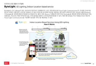45 
ⓒ 2014 RightBrain. All rights reserved. 
UX Trend Report 2014년 상반기 
Bytelight는 GE Lighting이 만든 실내 위치기반서비스 플랫폼이다. LED 전등에 BLE와 Visual Light Communication(주-특정한 주파수를 빛으로 비춰서 사용자의 스마트폰 카메라가 이 빛의 주파수를 감지하면 정보를 전달하는 방식)칩이 내장되어 있다. 2014년 4월에 Walmart가 Bytelight를 전세계 매장에 적용한다고 발표하기도 했다. 다른 iBeacon 사례들과 마찬가지로 ByteLight을 매장에 장착한 판매자들은 쿠폰, 상품정보, 프로모션, 매장 위치안내 등을 스마트폰앱을 통해서 소비자들에게 제공할 수 있다. 예전 핸드폰들을 가진 사람들은 BLE 대신에 Visual Light Communication을 이용해서 동일한 서비스를 제공받을 수 있다. 
ByteLight, GE Lighting, Indoor Location-based service 
source : Launch here 
오프라인 쇼핑 경험의 디지털화  