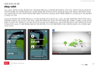 47 
ⓒ 2014 RightBrain. All rights reserved. 
UX Trend Report 2014년 상반기 
ebay valet는 집안에 쓰지 않는 물건들이 있는 사용자들을 위해서 ebay가 대신해서 팔아주겠다는 서비스이다. 사용자가 직접 ebay에 들어가서 몇가지 단계를 거친 다음에야 물건을 팔 수 있었던 절차를 대폭 간소화시킨 것이다. 물건을 팔 마음을 굳힌 사용자는 해당 물건의 사진을 찍고 간단한 설명이나 (다른 사용자의 질문에 대한) 답변만 주면 끝이다. 팔 물건은 본인이 택배로 배송할 수도 있지만 ebay가 직접 방문해서 수거해 갈 수도 있다. 
Amazon의 공격적인 시장 전략에 비해 ebay는 소극적인 움직임을 보이고 있는데, ebay valet는 중고상품 거래의 판을 키워서 자사의 서비스를 활성화시키겠다는 의도로 보인다. 일단 서비스 컨셉은 매우 매력적이다. 특히나 최근처럼 상품을 많이 구매하는 시대에는 ‘샀지만 정작 필요없어 쓰지 않고 있는’ 물건들이 누구나 한두개 이상 가지고 있을 것이기 때문에 ebay valet의 쉬운 판매 절차가 그들의 판매 동기를 자극할 수 있을 것이다. ebay는 각 상품 항목별로 평균적인 거래 데이터를 가지고 있기 때문에 판매 가격을 적절하게 설정하는 것도 어려움이 없을 것으로 보인다. 
ebay valet 
새로운 온라인 쇼핑 경험 
source : ebay  