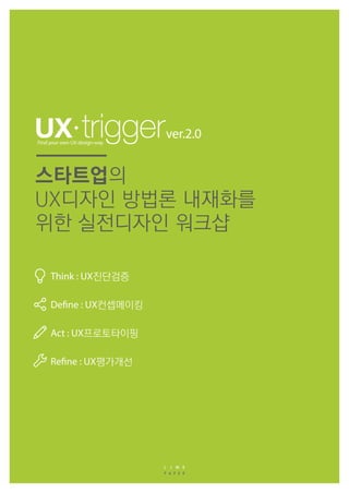 스타트업의
UX디자인 방법론 내재화를
위한 실전디자인 워크샵
Think : UX진단검증
Define : UX컨셉메이킹
Act : UX프로토타이핑
Refine : UX평가개선
Find your own UX design-way
ver.2.0
 