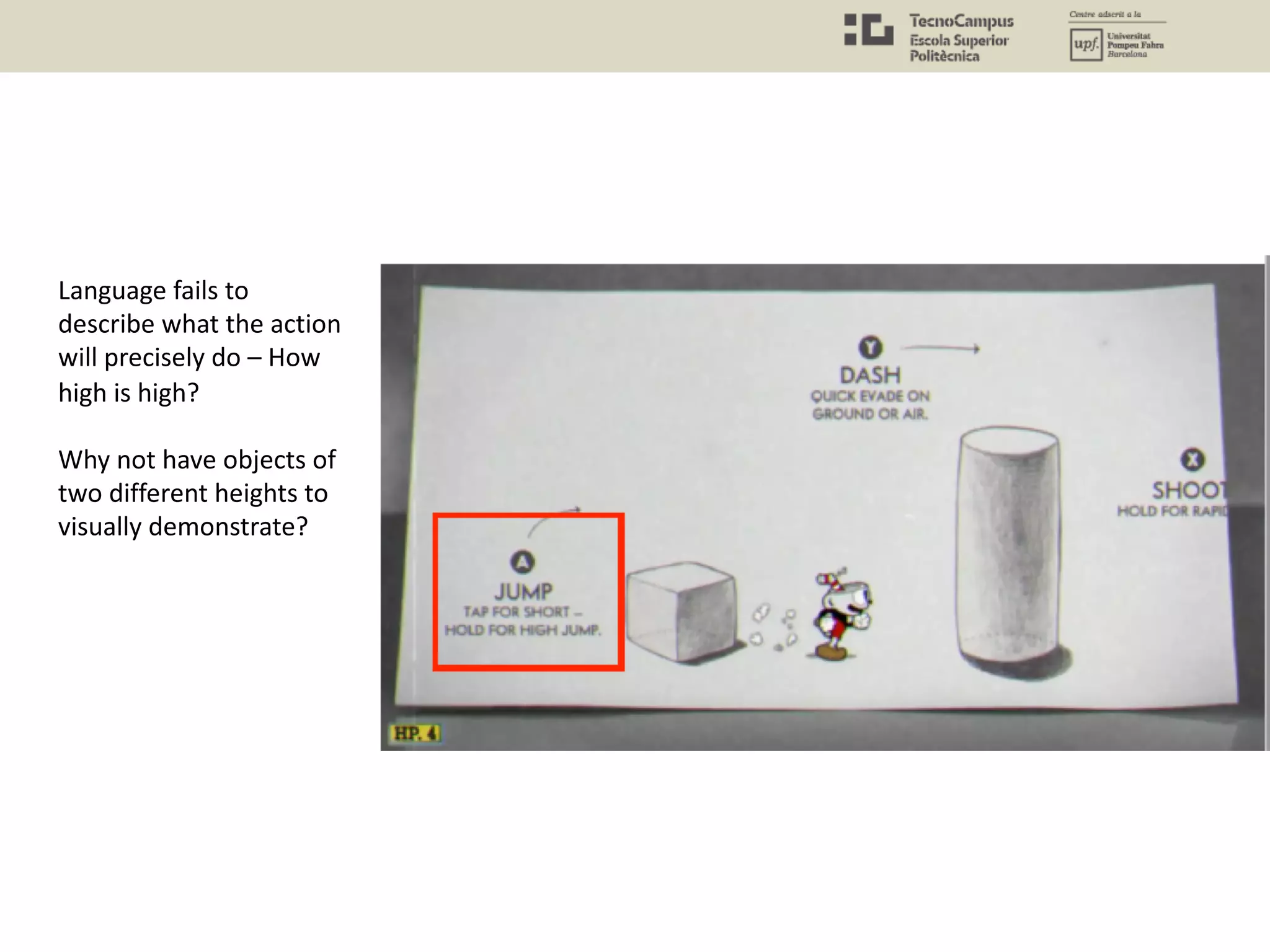 Language fails to
describe what the action
will precisely do – How
high is high?
Why not have objects of
two different heights to
visually demonstrate?
 