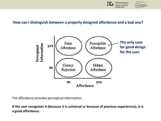 How can I distinguish between a properly designed affordance and a bad one?
The affordance provides perceptual information.
If the user recognizes it (because it is universal or because of previous experiences), it is
a good affordance.
The only case
for good design
for the user.
 
