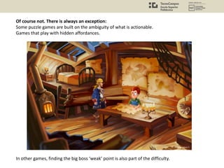 Of course not. There is always an exception:
Some puzzle games are built on the ambiguity of what is actionable.
Games that play with hidden affordances.
In other games, finding the big boss ‘weak’ point is also part of the difficulty.
 