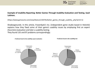Example of Usability Reporting: Better Games Through Usability Evaluation and Testing. Sauli
Laitinen.
[https://www.gamasutra.com/view/feature/130745/better_games_through_usability_.php?print=1]
Shadowgrounds. In this article, Frozenbyte’s Inc. (independent game studio based in Helsinki)
explains how they fixed some of their game’s usability issues by employing first an expert
(heuristic) evaluation and later a usability testing.
They found 135 and 97 problems correspondingly.
 