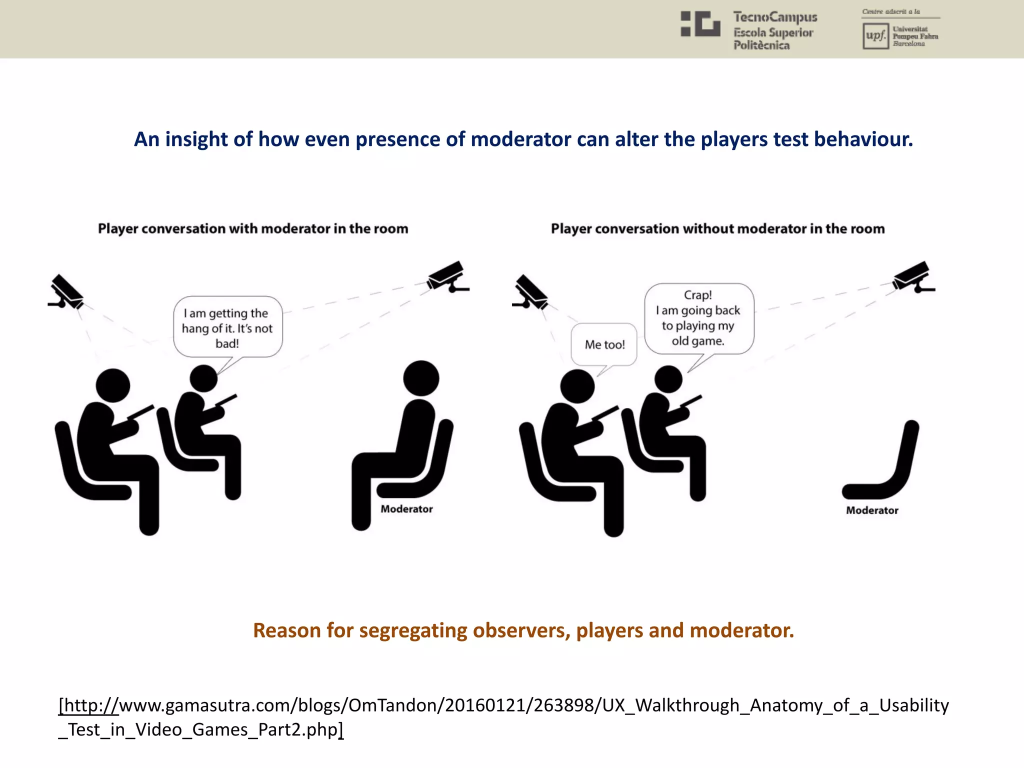 An insight of how even presence of moderator can alter the players test behaviour.
Reason for segregating observers, players and moderator.
[http://www.gamasutra.com/blogs/OmTandon/20160121/263898/UX_Walkthrough_Anatomy_of_a_Usability
_Test_in_Video_Games_Part2.php]
 