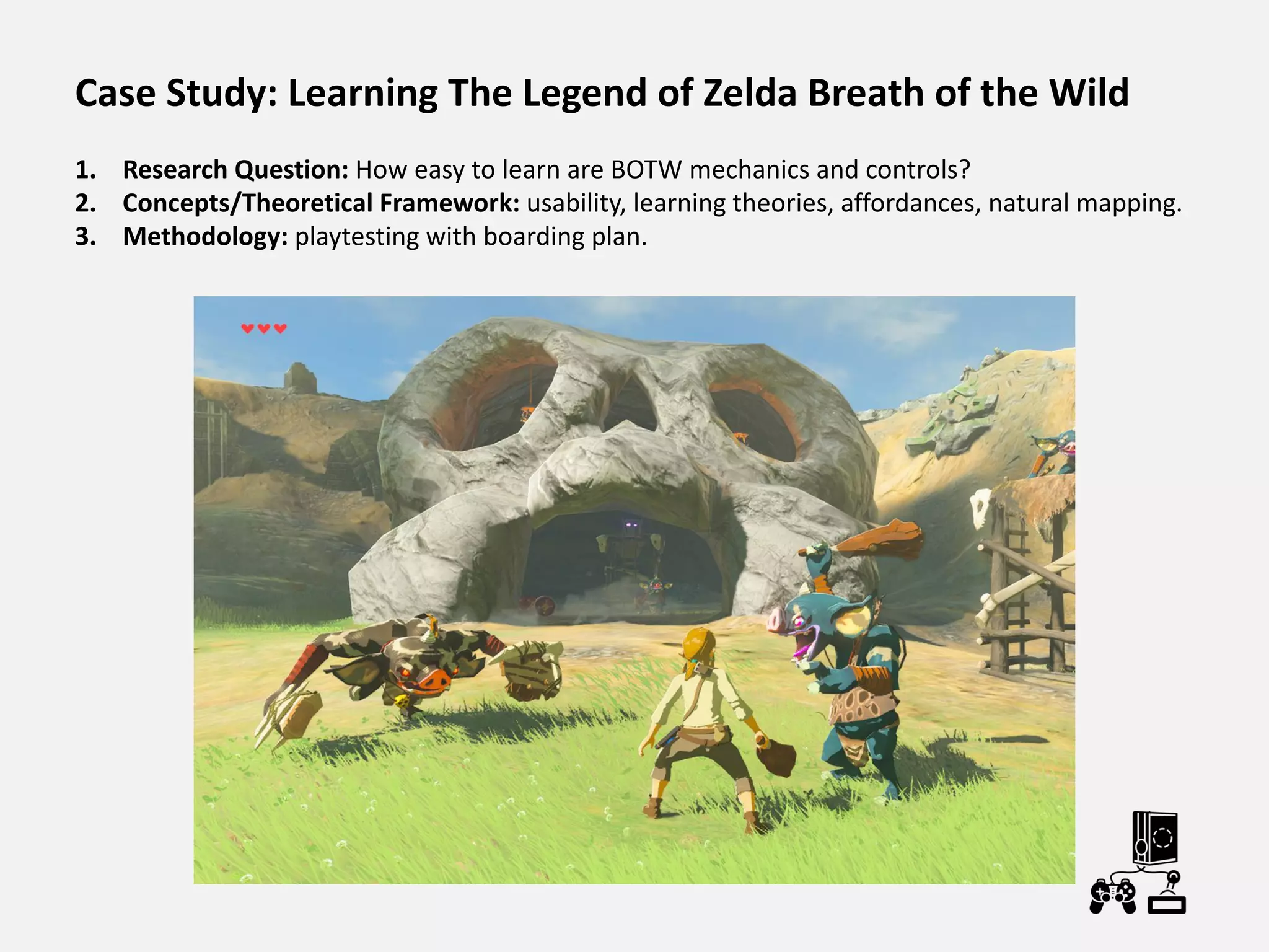 Case Study: Learning The Legend of Zelda Breath of the Wild
1. Research Question: How easy to learn are BOTW mechanics and controls?
2. Concepts/Theoretical Framework: usability, learning theories, affordances, natural mapping.
3. Methodology: playtesting with boarding plan.
 