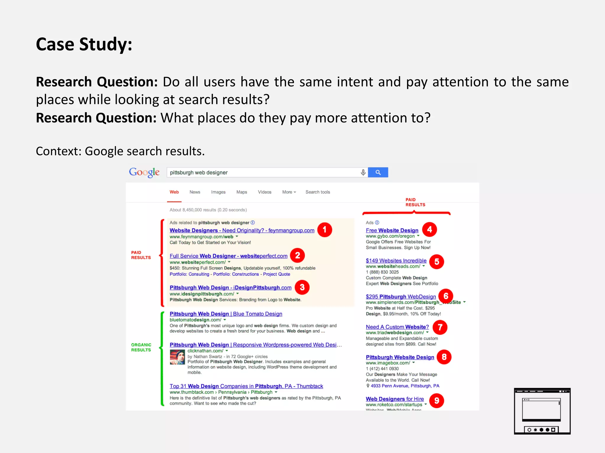 Case Study:
Research Question: Do all users have the same intent and pay attention to the same
places while looking at search results?
Research Question: What places do they pay more attention to?
Context: Google search results.
 