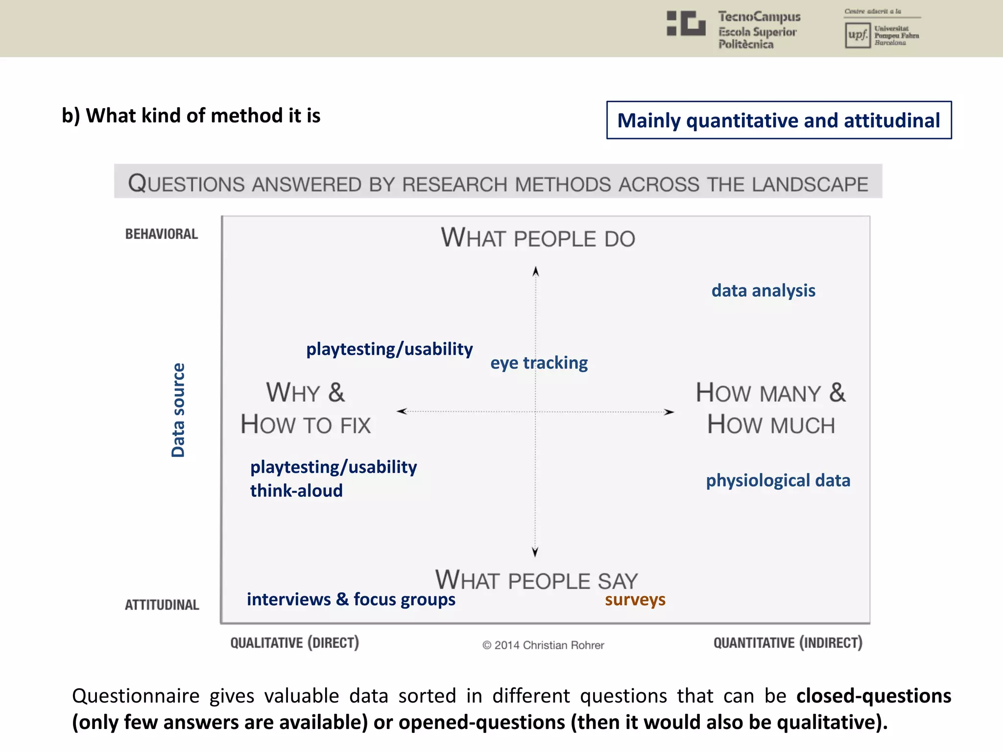 b) What kind of method it is Mainly quantitative and attitudinal
Datasource
eye tracking
data analysis
interviews & focus groups surveys
physiological data
Questionnaire gives valuable data sorted in different questions that can be closed-questions
(only few answers are available) or opened-questions (then it would also be qualitative).
playtesting/usability
playtesting/usability
think-aloud
 