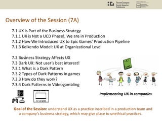 Overview of the Session (7A)
7.1 UX is Part of the Business Strategy
7.1.1 UX is Not a UCD Phase!, We are in Production
7.1.2 How We Introduced UX to Epic Games’ Production Pipeline
7.1.3 Keikendo Model: UX at Organizational Level
7.2 Business Strategy Affects UX
7.3 Dark UX: Not user’s best interest!
7.3.1 What is a Dark Pattern
7.3.2 Types of Dark Patterns in games
7.3.3 How do they work?
7.3.4 Dark Patterns in Videogambling
Goal of the Session: understand UX as a practice inscribed in a production team and
a company’s business strategy, which may give place to unethical practices.
Implementing UX in companies
 
