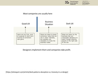 Dark UX
[https://alistapart.com/article/dark-patterns-deception-vs.-honesty-in-ui-design]
Designers implement them and companies take profit.
Good UX
Business
Situation
Most companies are usually here
 