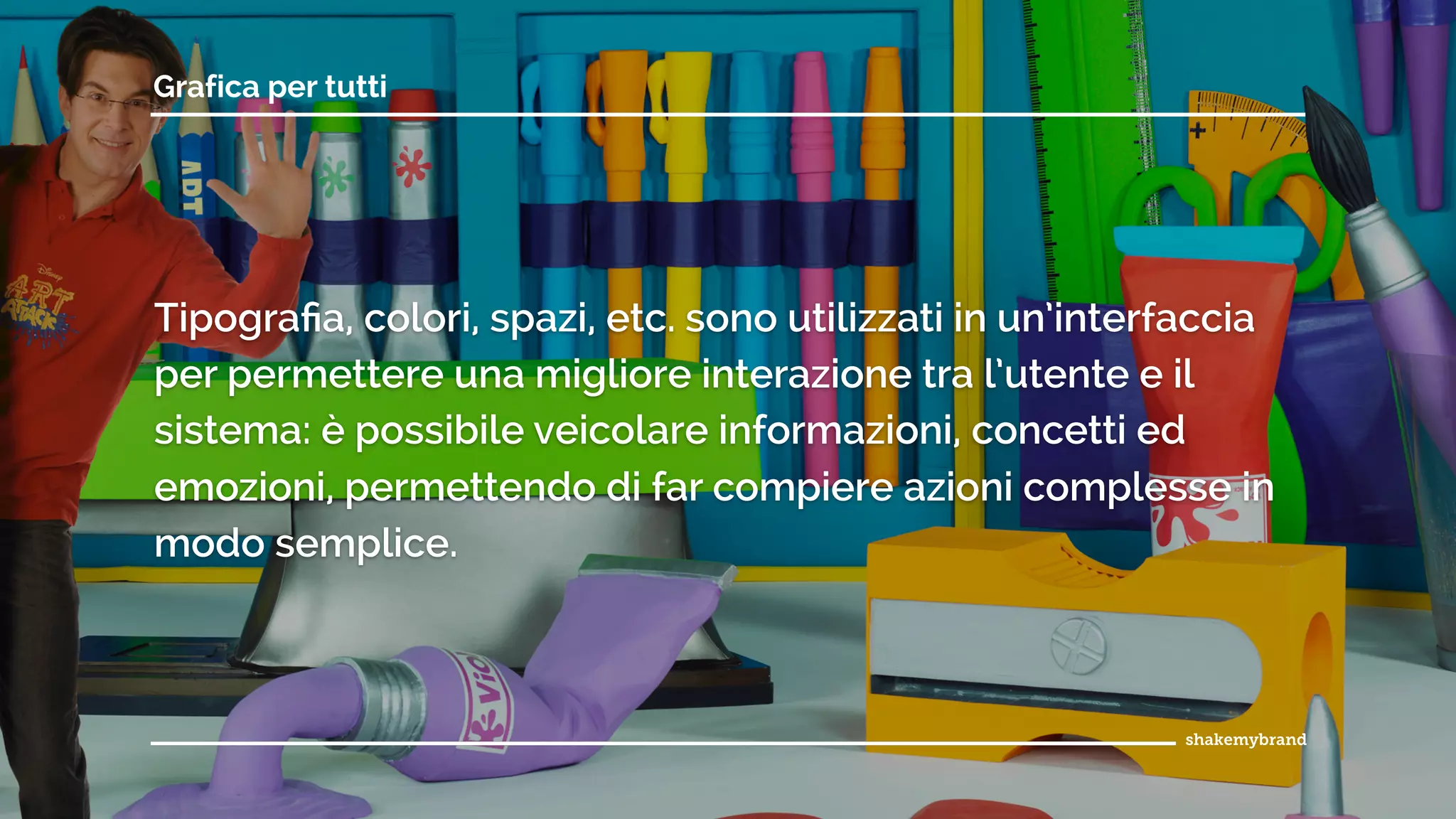 Grafica per tutti
Tipograﬁa, colori, spazi, etc. sono utilizzati in un’interfaccia
per permettere una migliore interazione tra l’utente e il
sistema: è possibile veicolare informazioni, concetti ed
emozioni, permettendo di far compiere azioni complesse in
modo semplice.
 