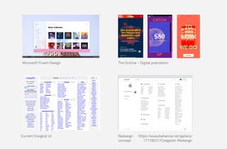 https://www.behance.net/gallery/
17178031/Craigslist-Redesign
Current Craiglist UI
Microsoft Fluent Design The Outline – Digital pubication
Redesign
concept
 