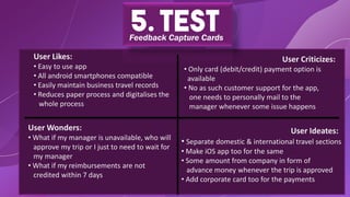 5. Test
Feedback Capture Cards
User Likes:
• Easy to use app
• All android smartphones compatible
• Easily maintain business travel records
• Reduces paper process and digitalises the
whole process
User Wonders:
• What if my manager is unavailable, who will
approve my trip or I just to need to wait for
my manager
• What if my reimbursements are not
credited within 7 days
User Ideates:
• Separate domestic & international travel sections
• Make iOS app too for the same
• Some amount from company in form of
advance money whenever the trip is approved
• Add corporate card too for the payments
User Criticizes:
• Only card (debit/credit) payment option is
available
• No as such customer support for the app,
one needs to personally mail to the
manager whenever some issue happens
 