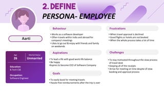 Aarti
2. DEFINE
PERSONA- EMPLOYEE
Age
26
Marital Status
Unmarried
Education:
B.Tech CSE
Occupation:
Software Engineer
Behaviour
Aspirations
Goals
• To easily book for meeting travels
• Hassle-free reimbursements after the trip is over
• To lead a life with good work-life balance
• Be happy
•Aspires to become CEO of Software Company
Frustrations
Challenges
• Works as a software developer
• Often travels within India and abroad for
company’s meetings
• Likes to go out & enjoy with friends and family
on weekends
• When travel approval is declined
• Good flights or hotels are not booked
• When the whole process takes a lot of time
• To stay motivated throughout the slow process
of travel desk
• Keeping all of the receipts
• Arrive for meeting on time despite of slow
booking and approval process
 