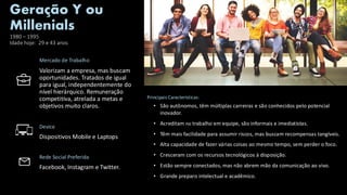 Geração Y ou
Millenials
1980 – 1995
Idade hoje: 29 e 43 anos
Principais Características:
• São autônomos, têm múltiplas carreiras e são conhecidos pelo potencial
inovador.
• Acreditam no trabalho em equipe, são informais e imediatistas.
• Têm mais facilidade para assumir riscos, mas buscam recompensas tangíveis.
• Alta capacidade de fazer várias coisas ao mesmo tempo, sem perder o foco.
• Cresceram com os recursos tecnológicos à disposição.
• Estão sempre conectados, mas não abrem mão da comunicação ao vivo.
• Grande preparo intelectual e acadêmico.
Mercado de Trabalho
Valorizam a empresa, mas buscam
oportunidades. Tratados de igual
para igual, independentemente do
nível hierárquico. Remuneração
competitiva, atrelada a metas e
objetivos muito claros.
Device
Dispositivos Mobile e Laptops
Rede Social Preferida
Facebook, Instagram e Twitter.
 