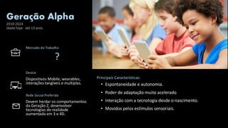 Geração Alpha
2010-2024
Idade hoje: até 13 anos
Principais Características:
• Espontaneidade e autonomia.
• Poder de adaptação muito acelerado
• Interação com a tecnologia desde o nascimento.
• Movidos pelos estímulos sensoriais.
Mercado de Trabalho
?
Device
Dispositivos Mobile, wearables,
interações tangíveis e multiplas.
Rede Social Preferida
Devem herdar os comportamentos
da Geração Z, desenvolver
tecnologias de realidade
aumentada em 3 e 4D.
 