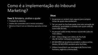 Como é a implementação do Inbound
Marketing?
Fase 3: Relatório, análise e ajuste
• Produção de relatórios;
• Análise dos conteúdos mais e menos acessados;
• Retorno à Fase 2 com os indicativos apurados na Fase
3.
Dicas
• As pessoas se sentem mais seguras para comprar
coisas de quem elas conhecem;
• Ter um canal no YouTube pode criar esta sensação de
confiança, autoridade e conexão com quem está do
outro lado da tela;
• As pessoas estão lendo menos e assistindo cada vez
mais vídeos;
• SEO – Sites e blogs com vídeos do YouTube
são 3X melhor rankeados no Google;
• 85 MILHÕES de brasileiros assistem a vídeos online.
Destes, 82 MILHÕES assistem pelo YouTube;
• Vídeos transmitem sua mensagem de forma mais
humana, orgânica e memorável;
 