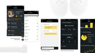 Inner social network
List of activities with
descriptions
Personal diary with statistics
Trainer
Coopersmidt
Michael
Personal trainer
Clubs: Academicheskiy, Varshavskiy
Trainings:
Academicheskiy hall 2
Academicheskiy hall 2
Varshavskiy hall 1
Academicheskiy hall 2
 