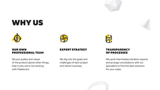 OUR OWN
PROFESSIONAL TEAM
EXPERT STRATEGY TRANSPARENCY
OF PROCESSES
We put quality and values
of the product above other things,
that is why we’re not working
with freelancers.
We dig into the goals and
challenges of each project
and clients’ business.
We send intermediary iteration reports
and arrange consultations with our
specialists to find the best solutions
for your cases.
WHY US
 