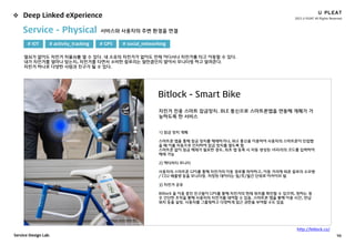2015 U PLEAT All Rights Reserved
10Service Design Lab.
 Deep Linked eXperience
Bitlock - Smart Bike
자전거 전용 스마트 잠금장치. BLE 통신으로 스마트폰앱을 연동해 개폐가 가
능하도록 한 서비스
1) 잠금 장치 개폐
스마트폰 앱을 통해 잠금 장치를 해제하거나, BLE 통신을 이용하여 사용자의 스마트폰이 인접했
을 때 이를 자동으로 인지하여 잠금 장치를 열도록 함
스마트폰 없이 잠금 해제가 필요한 경우, 최초 앱 등록 시 자동 생성된 16자리의 코드를 입력하여
해제 가능
2) 액티비티 모니터
사용자의 스마트폰 GPS를 통해 자전거의 이동 경로를 파악하고, 이동 거리에 따른 칼로리 소모량
/ CO2 배출량 등을 모니터링. 저장된 데이터는 일/주/월간 단위로 아카이브 됨
3) 자전거 공유
Bitlock 을 이용 중인 친구들이 GPS를 통해 자전거의 현재 위치를 확인할 수 있으며, 원하는 경
우 간단한 조작을 통해 사용자의 자전거를 대여할 수 있음. 스마트폰 앱을 통해 이용 시간, 반납
위치 등을 설정. 사용자를 그룹핑하고 다양하게 접근 권한을 부여할 수도 있음
http://bitlock.co/
Service - Physical 서비스와 사용자의 주변 환경을 연결
# IOT # activity_tracking # GPS # social_networking
열쇠가 없이도 자전거 자물쇠를 열 수 있다. 내 소유의 자전거가 없이도 언제 어디서나 자전거를 타고 이동할 수 있다.
내가 자전거를 얼마나 탔는지, 자전거를 타면서 소비한 칼로리는 얼만큼인지 알아서 모니터링 하고 알려준다.
자전거 하나로 다양한 사람과 친구가 될 수 있다.
 