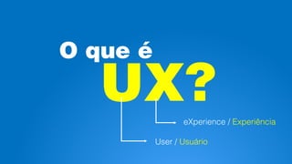 O que é
UX?
User / Usuário
eXperience / Experiência
 