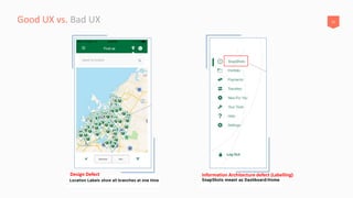 21Good UX vs. Bad UX
Design Defect Information Architecture defect (Labelling)
 