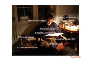 Sensory assistance
         Sensory assistance


                        Warmth/comfort
                   Education/information
Chemical stimuli
                                      Convenience/comfort

                               Companionship
Convenience/comfort
 