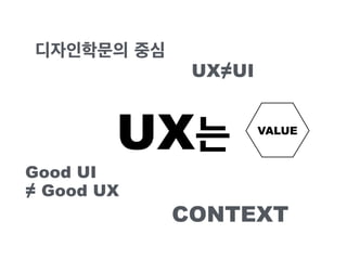 UX는
Good UI
≠ Good UX
VALUE
UX≠UI
디자인학문의 중심
CONTEXT
 