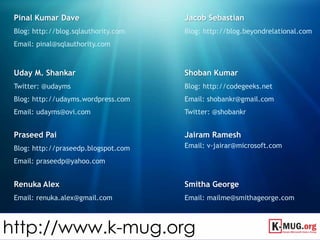 Jacob SebastianBlog: http://blog.beyondrelational.comPinal Kumar DaveBlog: http://blog.sqlauthority.comEmail: pinal@sqlauthority.comUday M. ShankarTwitter: @udaymsBlog: http://udayms.wordpress.comEmail: udayms@ovi.comShoban KumarBlog: http://codegeeks.netEmail: shobankr@gmail.comTwitter: @shobankrPraseedPaiBlog: http://praseedp.blogspot.comEmail: praseedp@yahoo.comJairamRameshEmail: v-jairar@microsoft.comRenuka AlexEmail: renuka.alex@gmail.comSmitha GeorgeEmail: mailme@smithageorge.com http://www.k-mug.org
