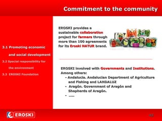 DIVERSIFICACIÓN
CRECIMIENTO
27
EROSKI provides aEROSKI provides a
sustainablesustainable collaborationcollaboration
project forproject for farmersfarmers throughthrough
more than 100 agreementsmore than 100 agreements
for itsfor its Eroski NATUREroski NATUR brand.brand.
Commitment to the communityCommitment to the community
3.1 Promoting economic3.1 Promoting economic
and social developmentand social development
3.2 Special responsibility for
the environment
3.3 EROSKI Foundation
EROSKI involved withEROSKI involved with GovernmentsGovernments andand InstitutionsInstitutions..
Among others:Among others:
- Andalucia. Andalucian Department of Agriculture- Andalucia. Andalucian Department of Agriculture
and Fishing and LANDALUZand Fishing and LANDALUZ
- Aragón. Government of Aragón and- Aragón. Government of Aragón and
Shepherds of Aragón.Shepherds of Aragón.
- …..- …..
4343
 
