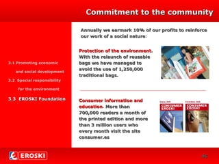 CRECIMIENTO
30
Annually we earmark 10% of our profits to reinforceAnnually we earmark 10% of our profits to reinforce
our work of a social natureour work of a social nature:
Commitment to the communityCommitment to the community
3.1 Promoting economic
and social development
3.2 Special responsibility
for the environment
3.3 EROSKI Foundation3.3 EROSKI Foundation Consumer information andConsumer information and
educationeducation. More thanMore than
700,000 readers a month of700,000 readers a month of
the printed edition and morethe printed edition and more
than 3 million users whothan 3 million users who
every month visit the siteevery month visit the site
consumer.esconsumer.es
Protection of the environmentProtection of the environment..
With the relaunch of reusableWith the relaunch of reusable
bags we have managed tobags we have managed to
avoid the use of 1,250,000avoid the use of 1,250,000
traditional bags.traditional bags.
4646
 