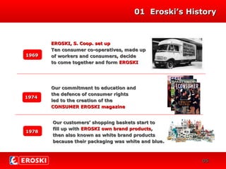 19691969
01 Eroski’s History01 Eroski’s History
EROSKI, S. Coop. set upEROSKI, S. Coop. set up
Ten consumer co-operatives, made upTen consumer co-operatives, made up
of workers and consumers, decideof workers and consumers, decide
to come together and formto come together and form EROSKIEROSKI
002
0505
19741974
Our commitment to education andOur commitment to education and
the defence of consumer rightsthe defence of consumer rights
led to the creation of theled to the creation of the
CONSUMER EROSKI magazineCONSUMER EROSKI magazine
19781978
Our customers’ shopping baskets start toOur customers’ shopping baskets start to
fill up withfill up with EROSKI own brand productsEROSKI own brand products,,
then also known as white brand productsthen also known as white brand products
because their packaging was white and bluebecause their packaging was white and blue..
 