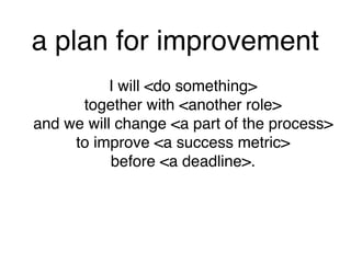 a plan for improvement
I will <do something> 
together with <another role> 
and we will change <a part of the process> 
to improve <a success metric> 
before <a deadline>.
 