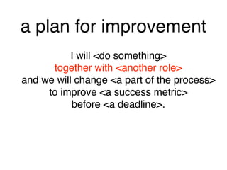 a plan for improvement
I will <do something> 
together with <another role> 
and we will change <a part of the process> 
to improve <a success metric> 
before <a deadline>.
 