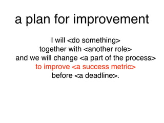 a plan for improvement
I will <do something> 
together with <another role> 
and we will change <a part of the process> 
to improve <a success metric> 
before <a deadline>.
 