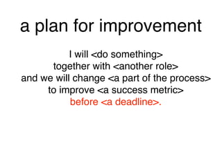 a plan for improvement
I will <do something> 
together with <another role> 
and we will change <a part of the process> 
to improve <a success metric> 
before <a deadline>.
 