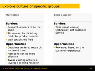 Explore culture of specific groups

    Marketing                                   Tech Support


    Barriers                                    Barriers
     Research appears to be the                  Time spent learning
     same                                        technology, not customer
     Threatened by UX taking                     service
     credit for product success
     Well established field
    Opportunities                               Opportunities
     Customer centered research                  Rewarded based on the
     is current trend                            customer experience
     Marketing can be more
     effective
     Tweak existing activities,
     leverage existing research

UX Marathon 2009: UX Vision, Strategy & Teams                               36
 