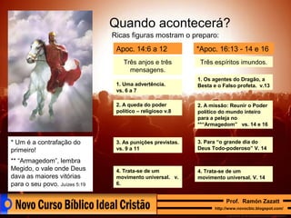 Quando acontecerá?
Ricas figuras mostram o preparo:
Apoc. 14:6 a 12
Três anjos e três
mensagens.
1. Uma advertência.
vs. 6 a 7

*Apoc. 16:13 - 14 e 16
Três espíritos imundos.
1. Os agentes do Dragão, a
Besta e o Falso profeta. v.13

2. A queda do poder
político – religioso v.8

2. A missão: Reunir o Poder
político do mundo inteiro
para a peleja no
**“Armagedom” vs. 14 e 16

* Um é a contrafação do
primeiro!

3. As punições previstas.
vs. 9 a 11

3. Para “o grande dia do
Deus Todo-poderoso” V. 14

** “Armagedom”, lembra
Megido, o vale onde Deus
dava as maiores vitórias
para o seu povo. Juízes 5:19

4. Trata-se de um
movimento universal. v.
6.

4. Trata-se de um
movimento universal. V. 14

Prof. Ramón Zazatt
http://www.novocbic.blogspot.com/

 
