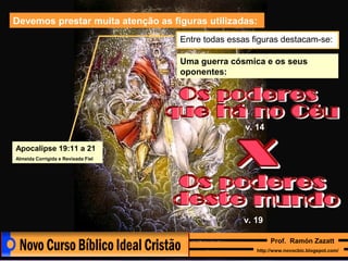 Devemos prestar muita atenção as figuras utilizadas:
Entre todas essas figuras destacam-se:
Uma guerra cósmica e os seus
oponentes:

v. 14
Apocalipse 19:11 a 21
Almeida Corrigida e Revisada Fiel

v. 19
Prof. Ramón Zazatt
http://www.novocbic.blogspot.com/

 