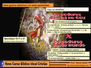 Uma guerra cósmica e os seus oponentes:
Veja os detalhes:

Um cavaleiro em pé de guerra.
Ele é identificado: “O Verbo de Deus”.
reis.” V.16 – Jesus...!

V. 11

V. 11 e 13 – “Rei

E o Seu exército: “O exército que há nos Céu”
anjos...! – Não se trata dos salvos.

dos

V. 14 . Os

Apocalipse 19:11 a 21
Almeida Corrigida e Revisada Fiel

A Besta: “O poder religioso apóstata”

V. 19

Os aliados: “O falso profeta” e “os reis da terra”, o
poder político. V. 19
“E os seus exércitos” , o poder militar.

V. 19

Prof. Ramón Zazatt
http://www.novocbic.blogspot.com/

 