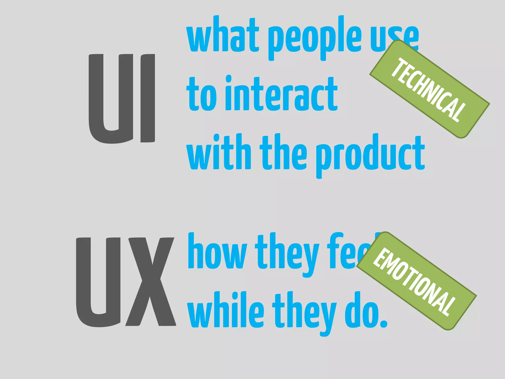 what people use
UI   to interact
     with the product


UX   how they feel
     while they do.
 