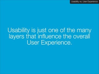 Usability vs. User Experience
Client Name Here

Usability is just one of the many
layers that influence the overall
Strategy
User Experience.

 